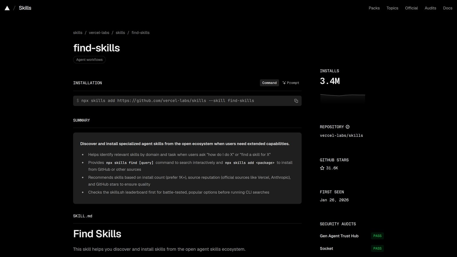 find-skills page on skills.sh