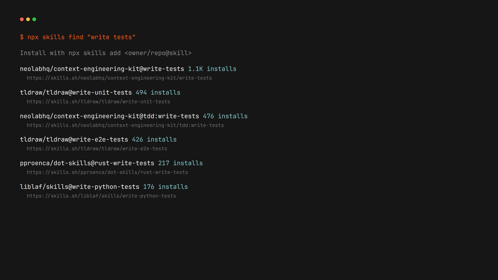 npx skills find write tests recommendations